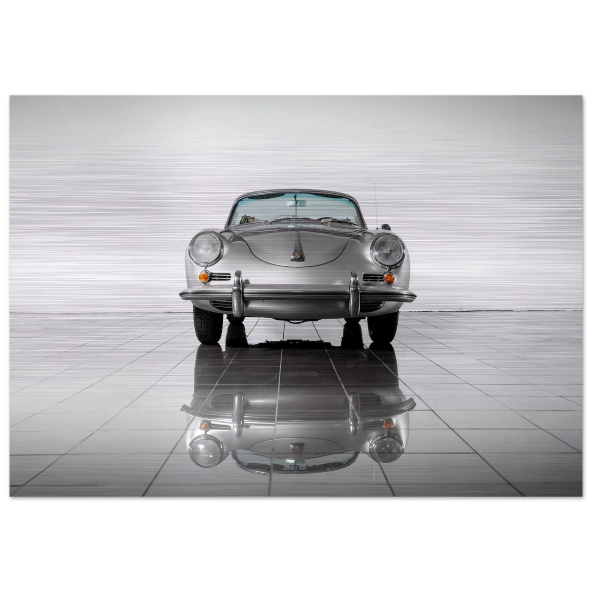 Silver Porsche 356 fine art photograph printed on aluminium, shown from the front with a reflection on a polished floor.